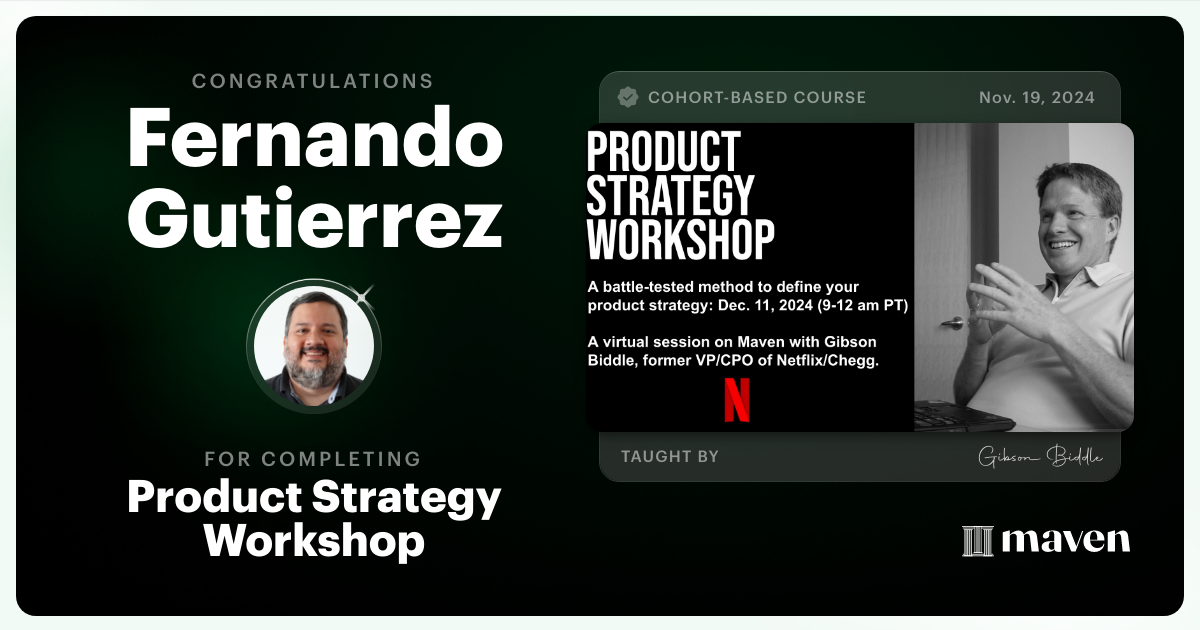 Certificate of Completion for Product Strategy Workshop