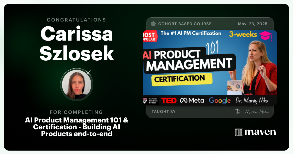 Certificate of Completion for AI Product Management 101 & Certification - Building AI Products end-to-end