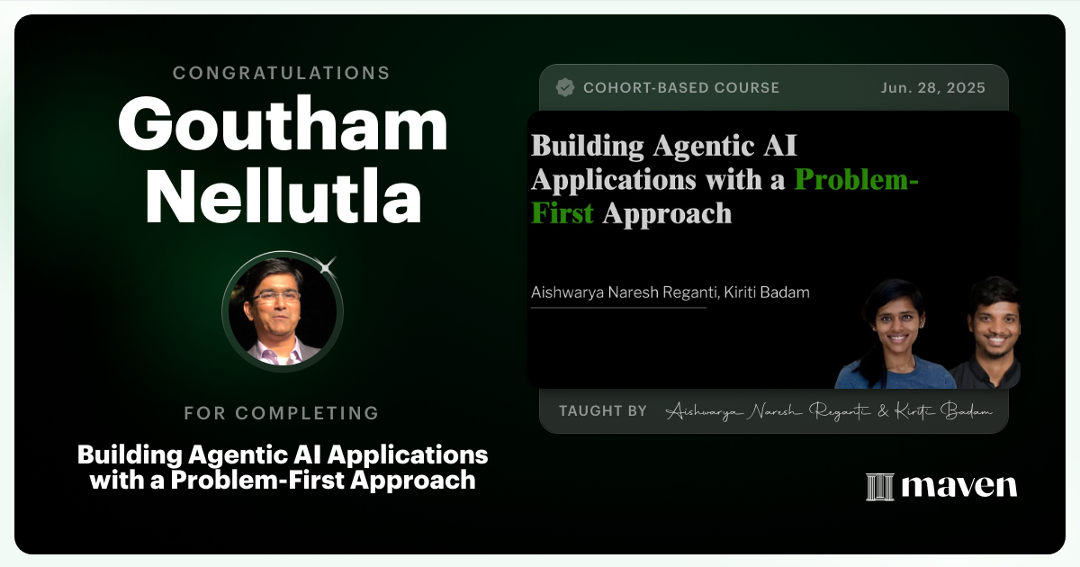 Certificate of Completion for Building Agentic AI Applications with a Problem-First Approach