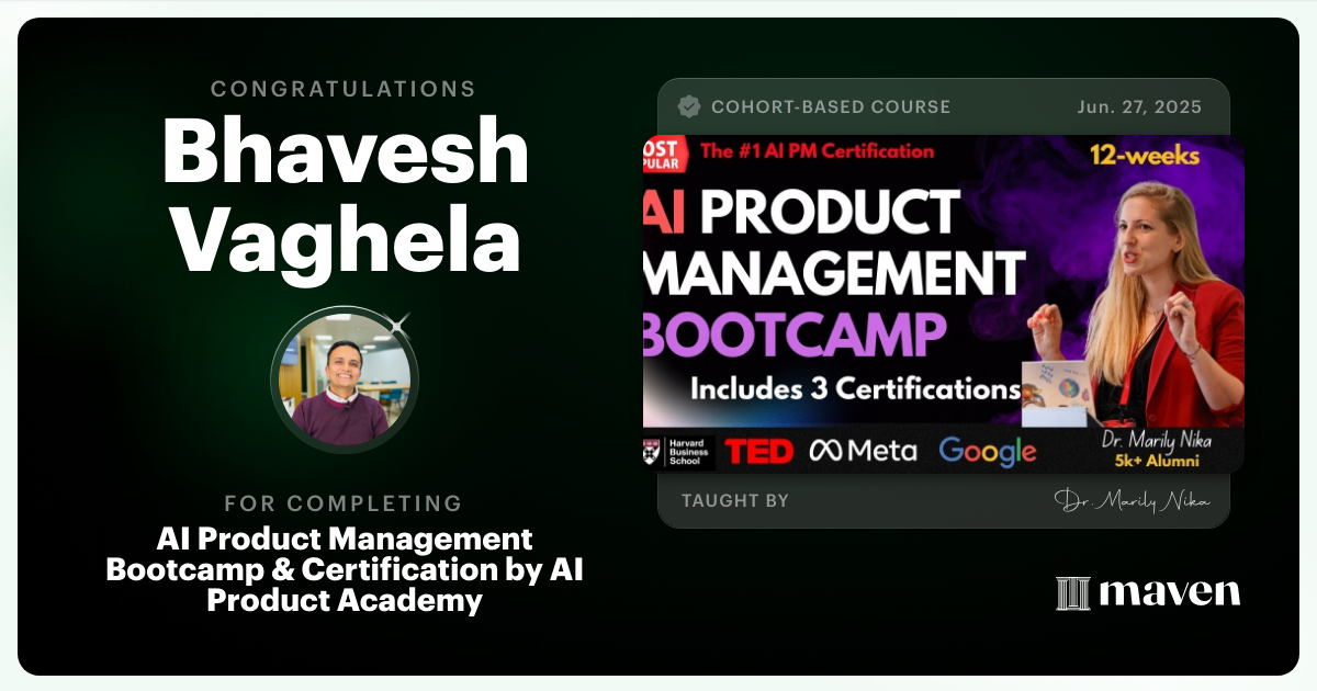 Certificate of Completion for AI Product Management Bootcamp & Certification by AI Product Academy
