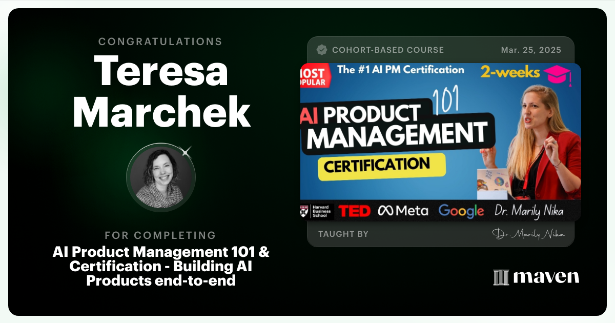 Certificate of Completion for AI Product Management 101 & Certification - Building AI Products end-to-end