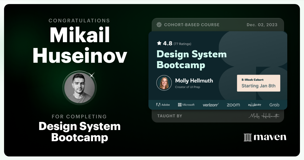Certificate of Completion for Design System Bootcamp