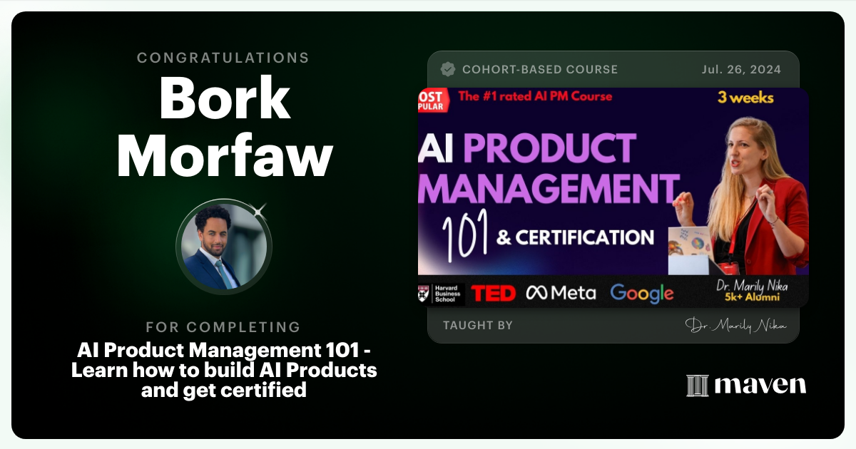 Certificate of Completion for AI Product Management 101 & Certification - Building AI Products end-to-end