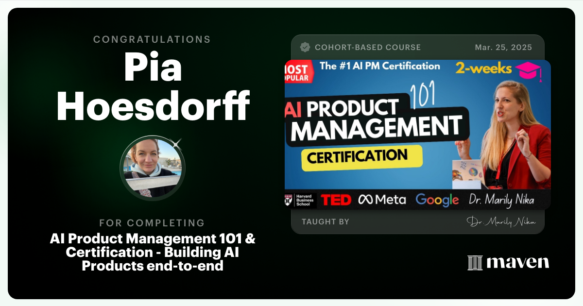 Certificate of Completion for AI Product Management 101 & Certification - Building AI Products end-to-end