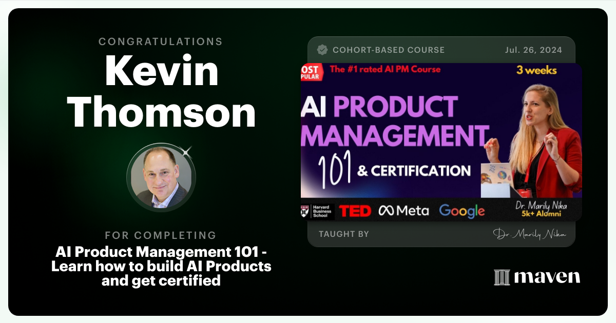 Certificate of Completion for AI Product Management 101 & Certification - Building AI Products end-to-end