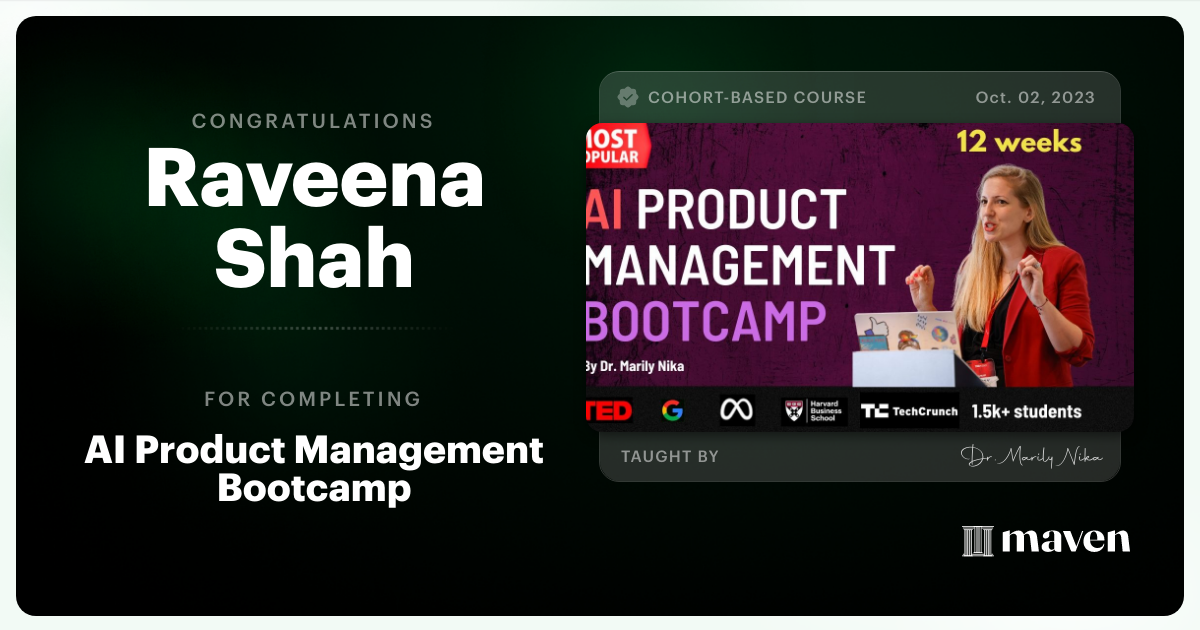 Certificate of Completion for AI Product Management Bootcamp & Certification by AI Product Academy