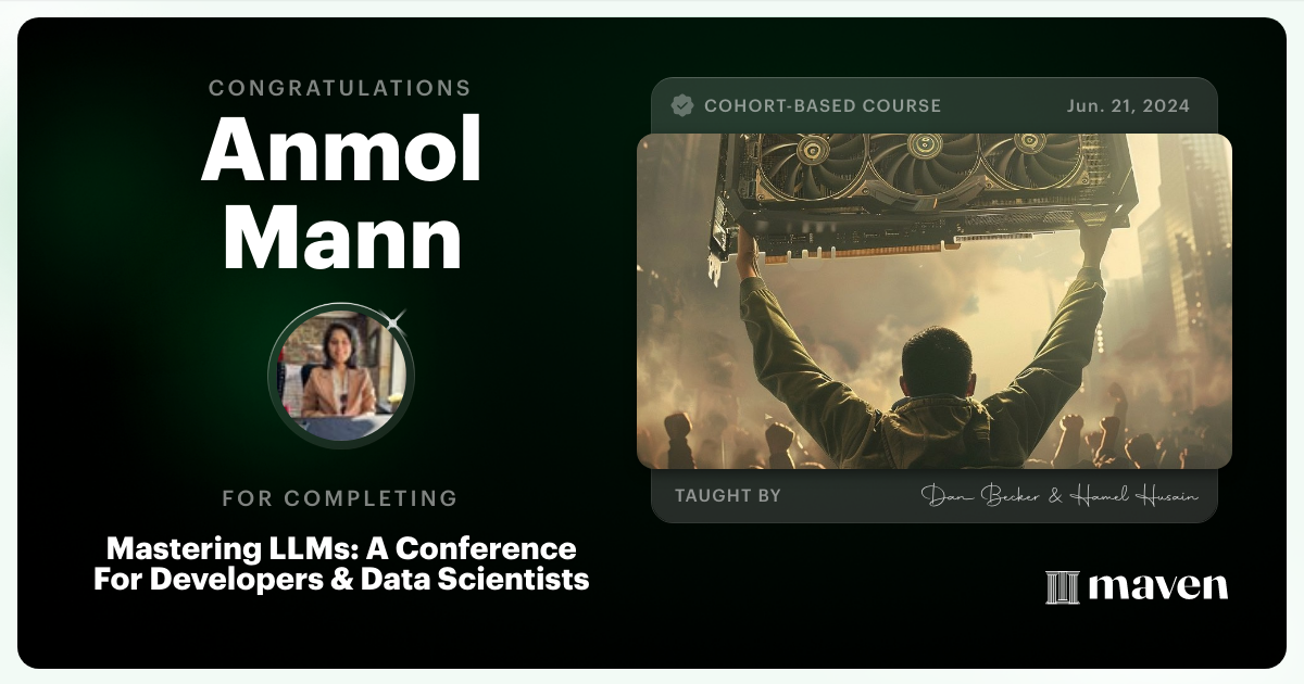 Certificate of Completion for Mastering LLMs For Developers & Data Scientists