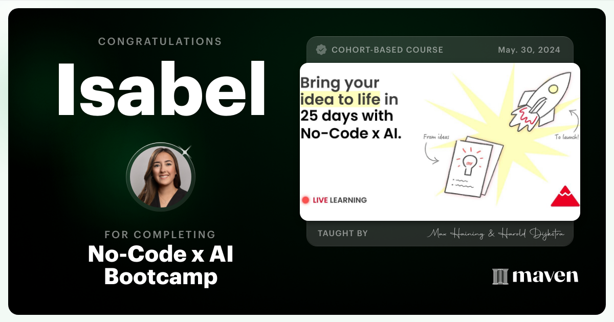 Certificate of Completion for No-Code x AI Bootcamp
