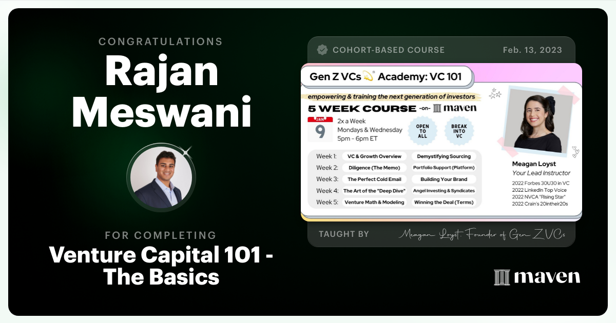 Certificate of Completion for Venture Capital 101 - The Basics