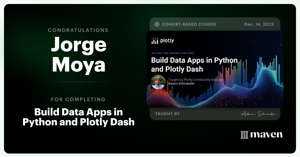 Certificate of Completion for Build Data Apps in Python and Plotly Dash