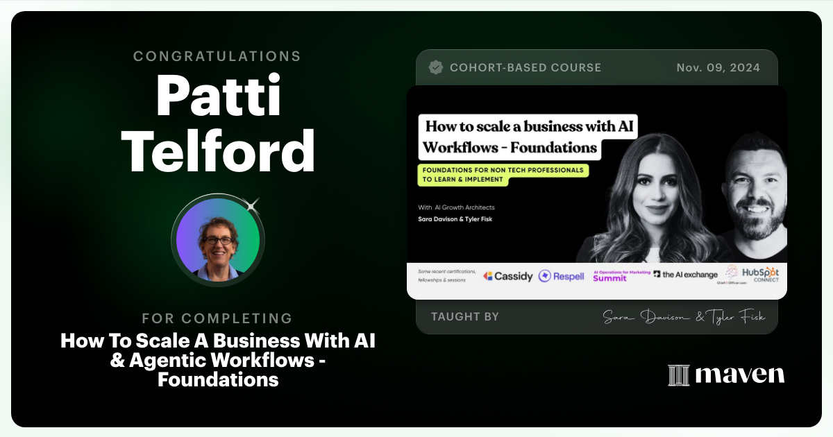 Certificate of Completion for How to Scale A Business With Agentic Workflows by AI Build Lab