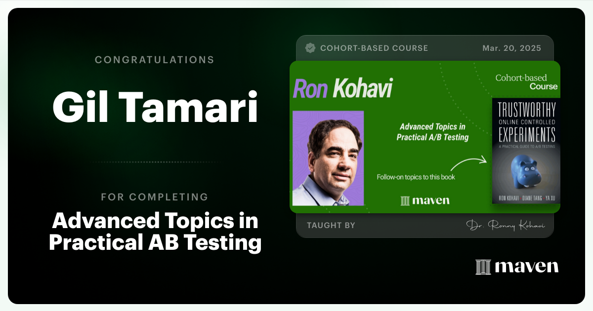 Certificate of Completion for Advanced Topics in Practical A/B Testing
