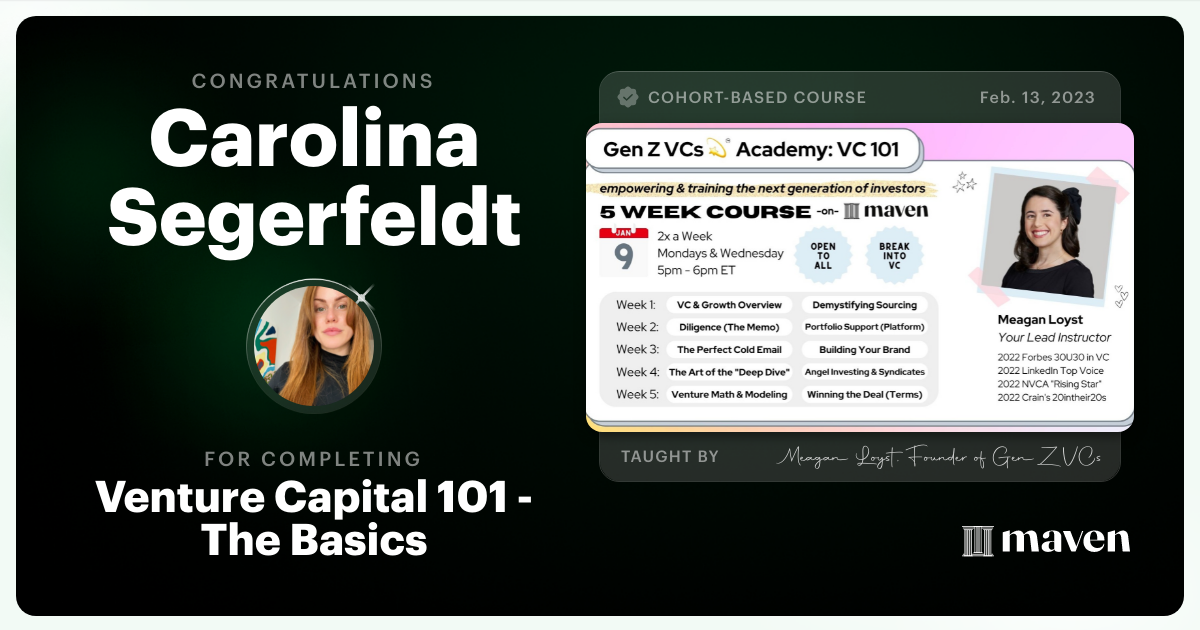 Certificate of Completion for Venture Capital 101 - The Basics
