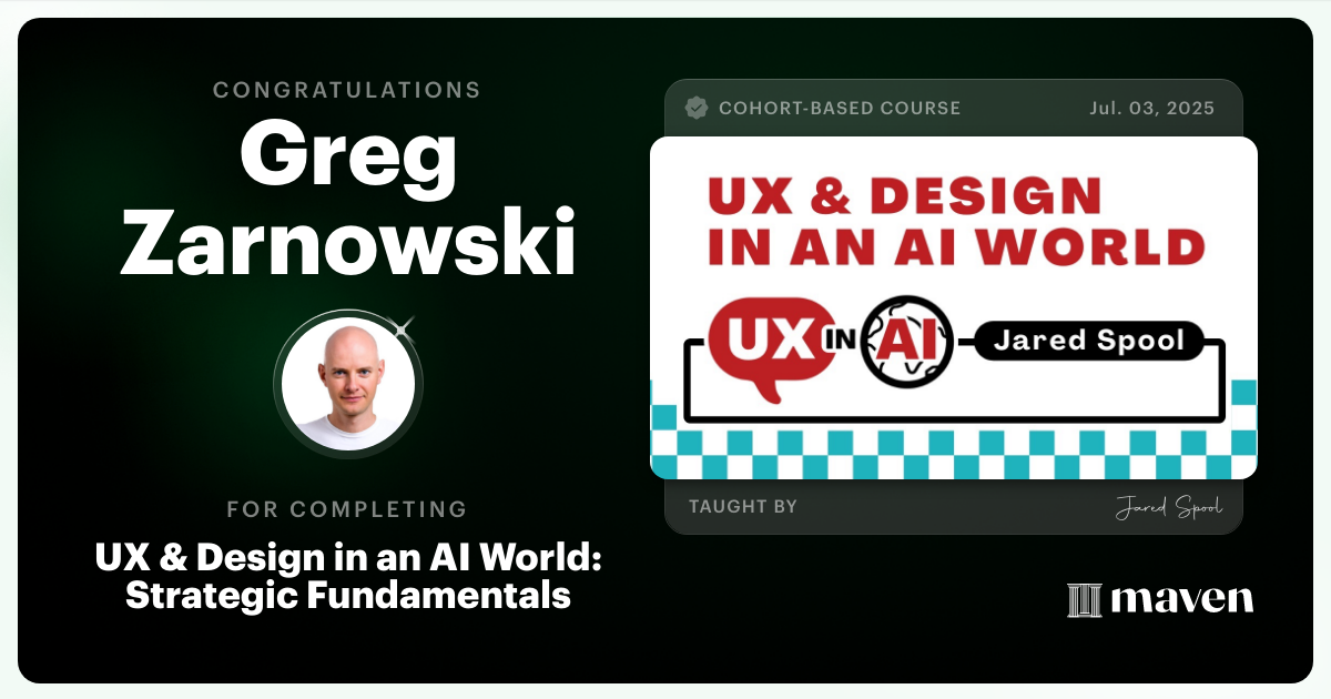 Certificate of Completion for UX & Design for Today's AI Functionality