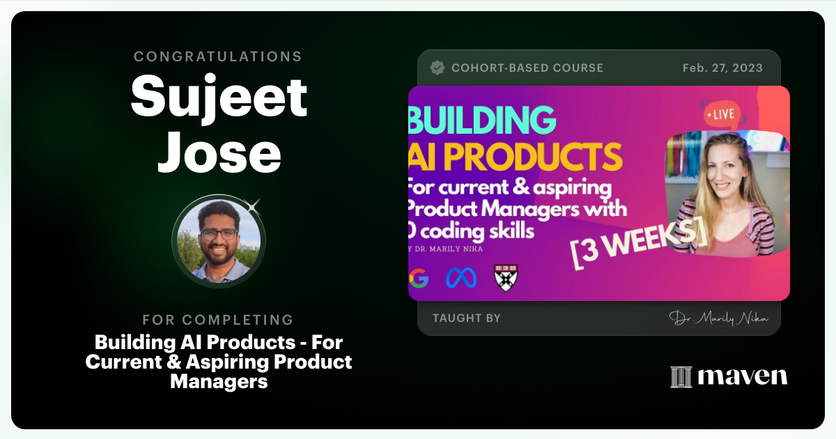 Certificate of Completion for AI Product Management 101 & Certification - Building AI Products end-to-end