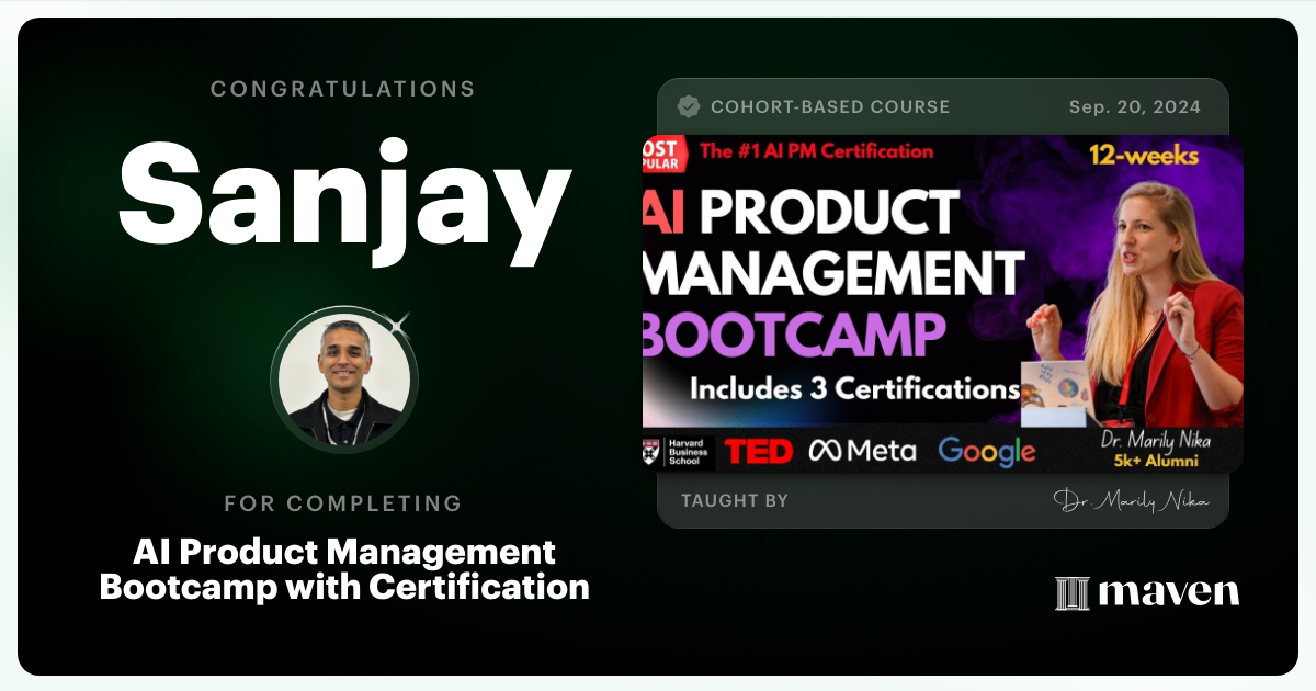 Certificate of Completion for AI Product Management Bootcamp & Certification by AI Product Academy