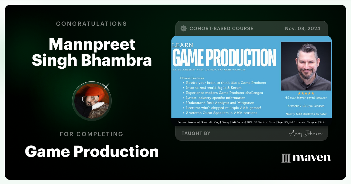 Certificate of Completion for Game Production – Think Like a Game Producer & Ship Games!