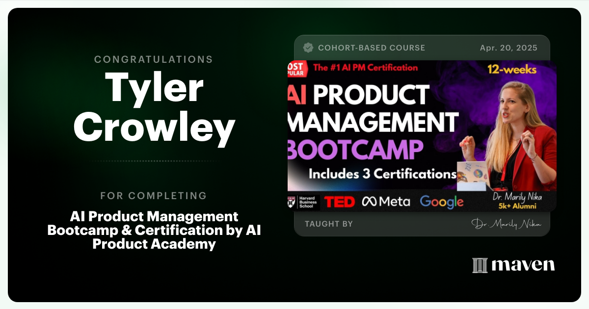 Certificate of Completion for AI Product Management Bootcamp & Certification by AI Product Academy