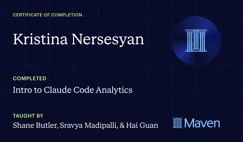 Certificate for Intro to Claude Code Analytics