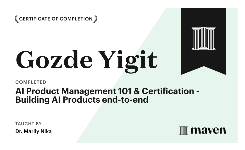 Certificate for AI Product Management 101 & Certification - Building AI Products end-to-end