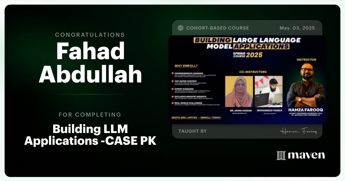 Certificate of Completion for Building LLM Applications -CASE PK