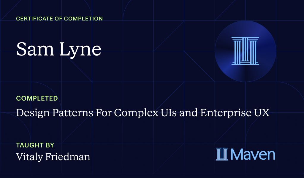Certificate for Design Patterns For Complex UIs and Enterprise UX