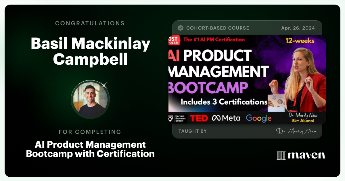 Certificate of Completion for AI Product Management Bootcamp & Certification by AI Product Academy