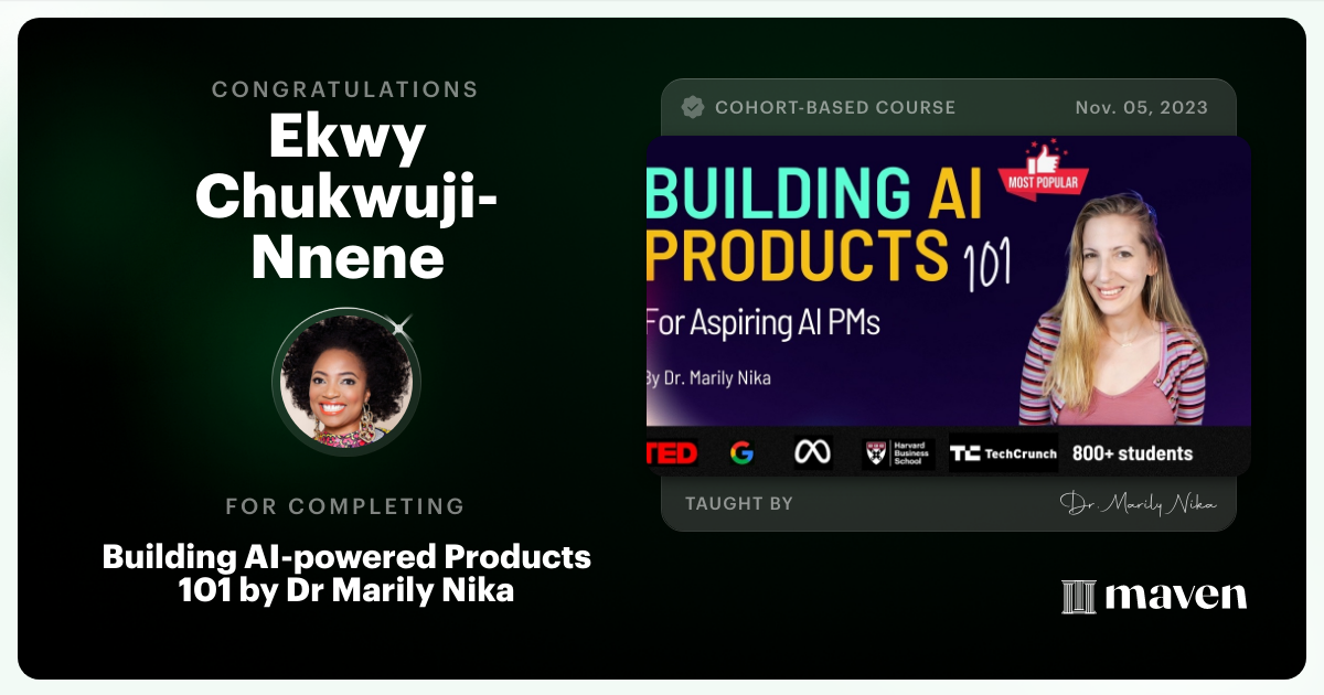 Certificate of Completion for AI Product Management 101 & Certification - Building AI Products end-to-end