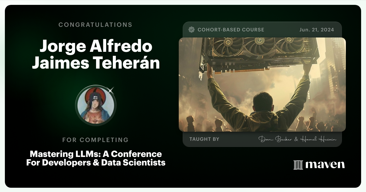 Certificate of Completion for Mastering LLMs For Developers & Data Scientists