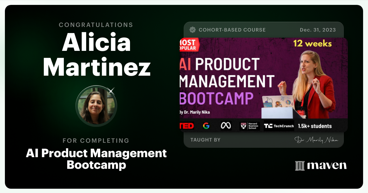 Certificate of Completion for AI Product Management Bootcamp & Certification by AI Product Academy