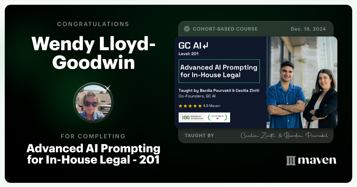 Certificate of Completion for Advanced AI Prompting for In-House Legal - 201