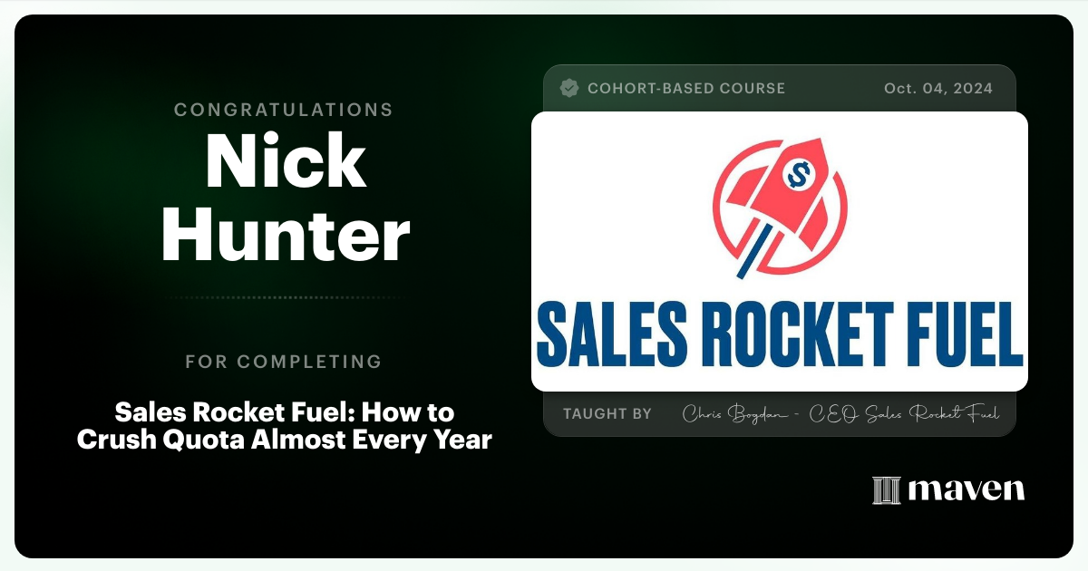 Certificate of Completion for Sales Rocket Fuel: How to Crush Quota Almost Every Year