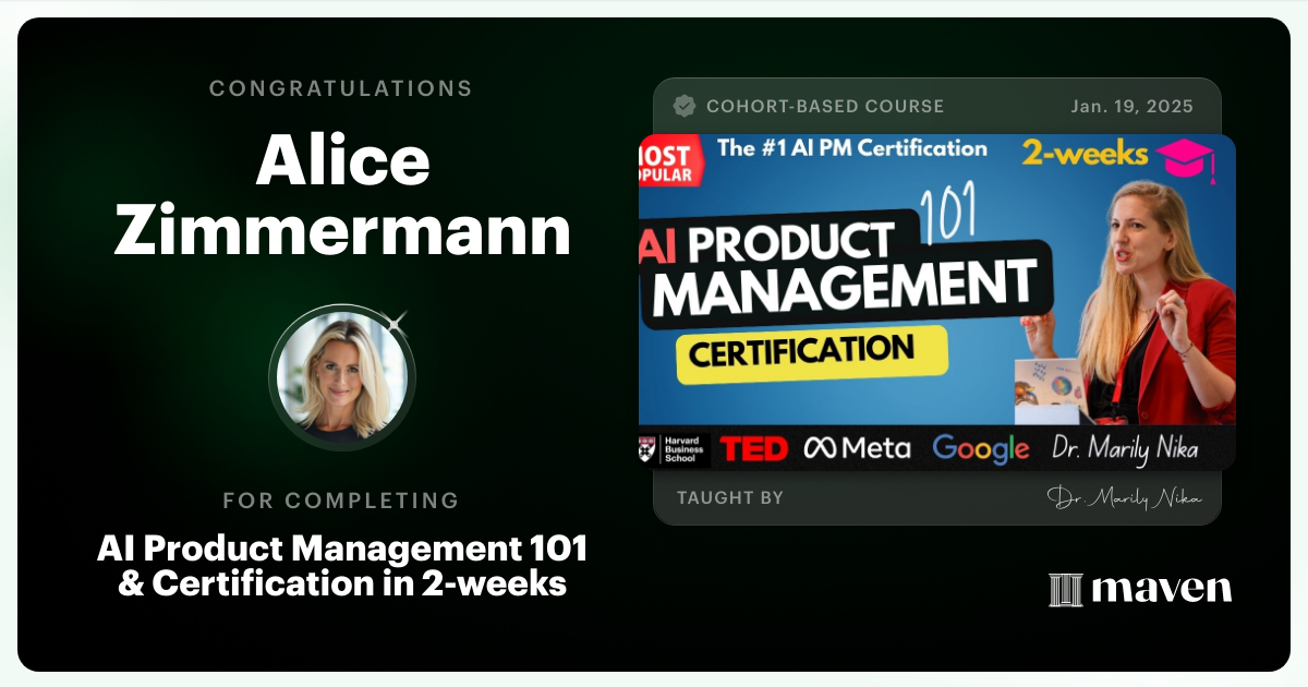 Certificate of Completion for AI Product Management 101 & Certification - Building AI Products end-to-end