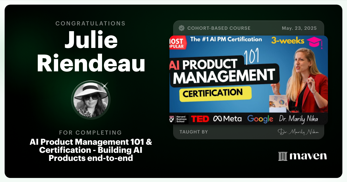 Certificate of Completion for AI Product Management 101 & Certification - Building AI Products end-to-end