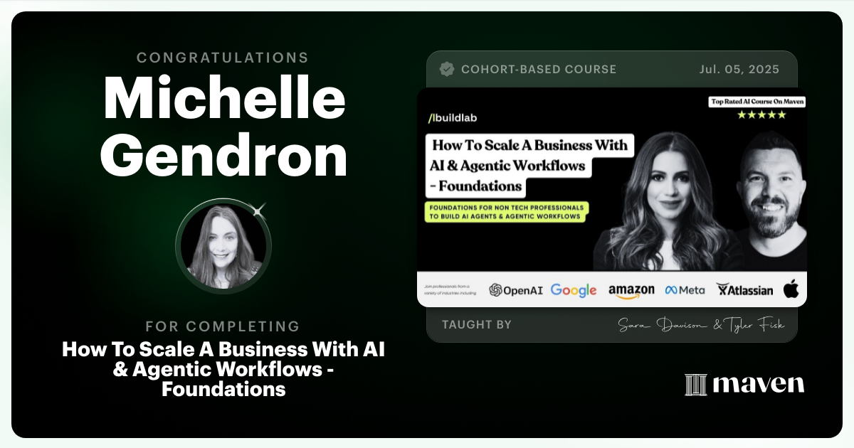 Certificate of Completion for How To Scale A Business With AI & Agentic Workflows - Foundations