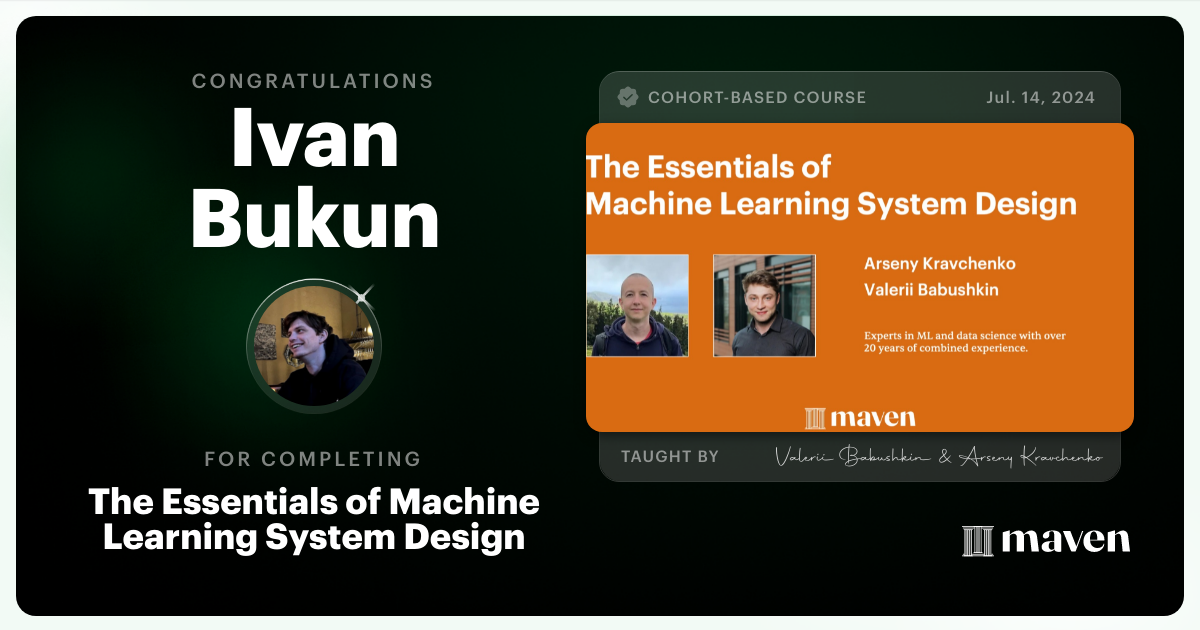 Certificate of Completion for The Essentials of Machine Learning System Design