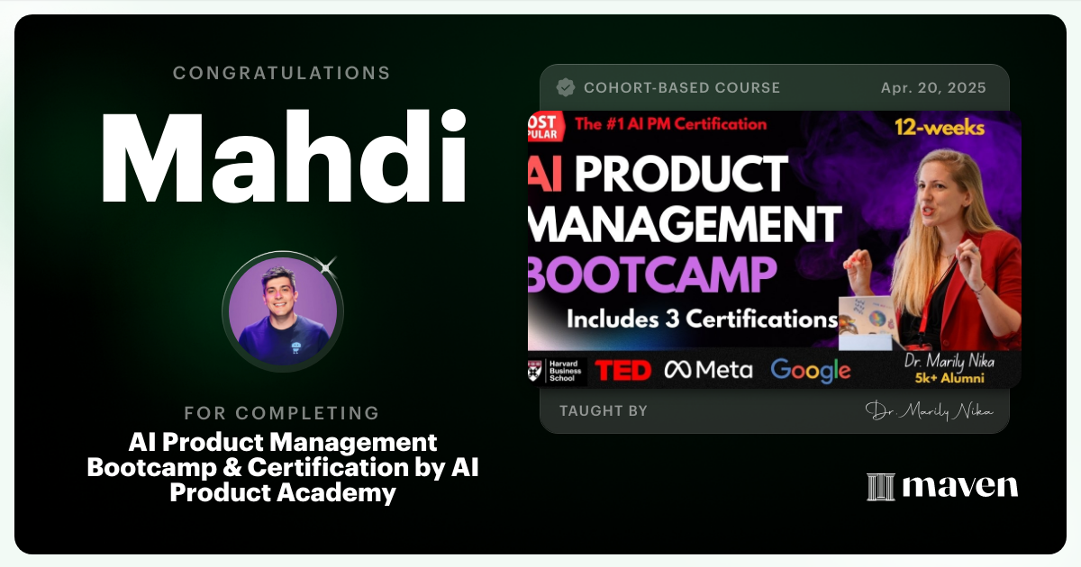 Certificate of Completion for AI Product Management Bootcamp & Certification by AI Product Academy