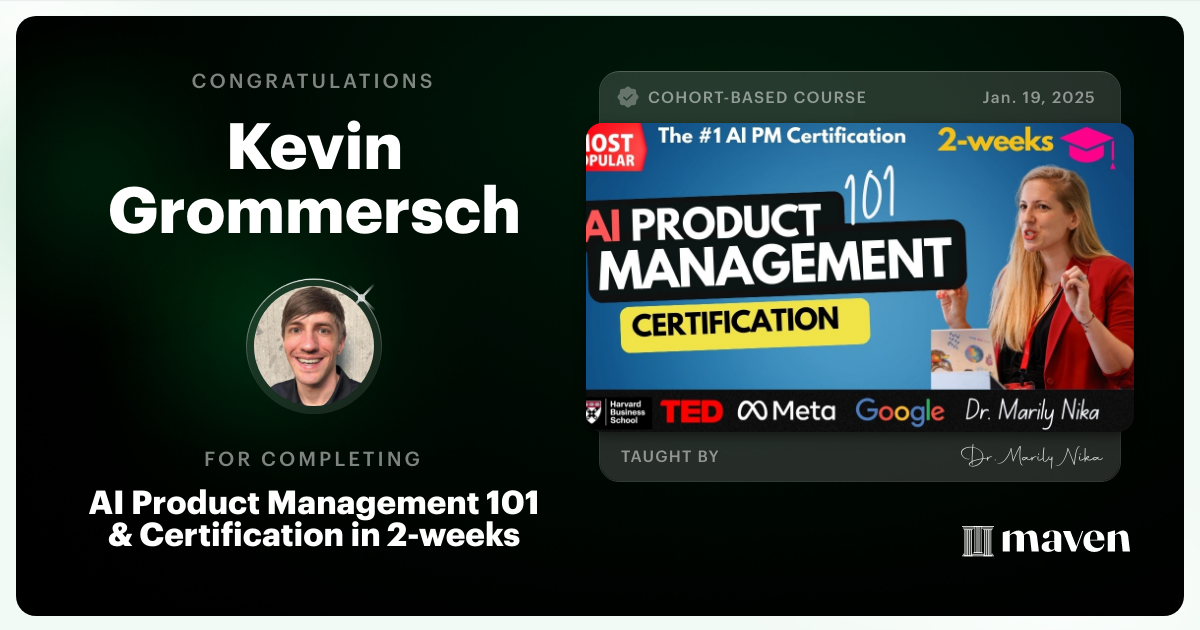 Certificate of Completion for AI Product Management 101 & Certification - Building AI Products end-to-end