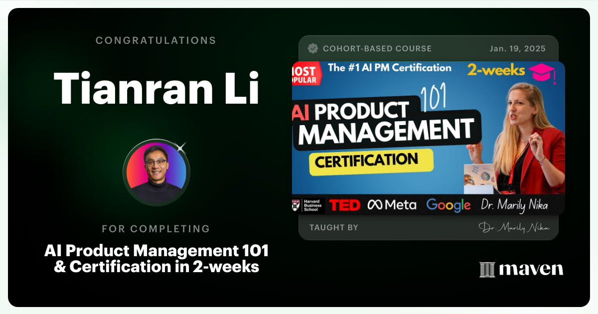Certificate of Completion for AI Product Management 101 & Certification - Building AI Products end-to-end