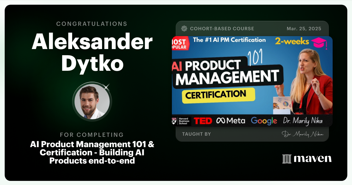 Certificate of Completion for AI Product Management 101 & Certification - Building AI Products end-to-end