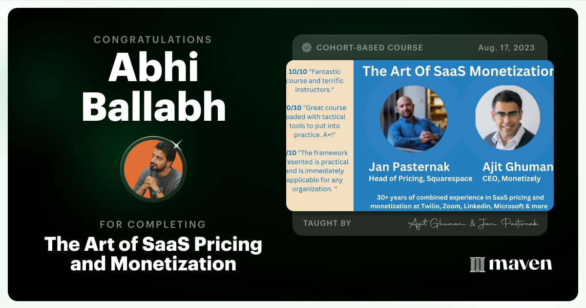 Certificate of Completion for The Art of SaaS, AI and Agentic Pricing