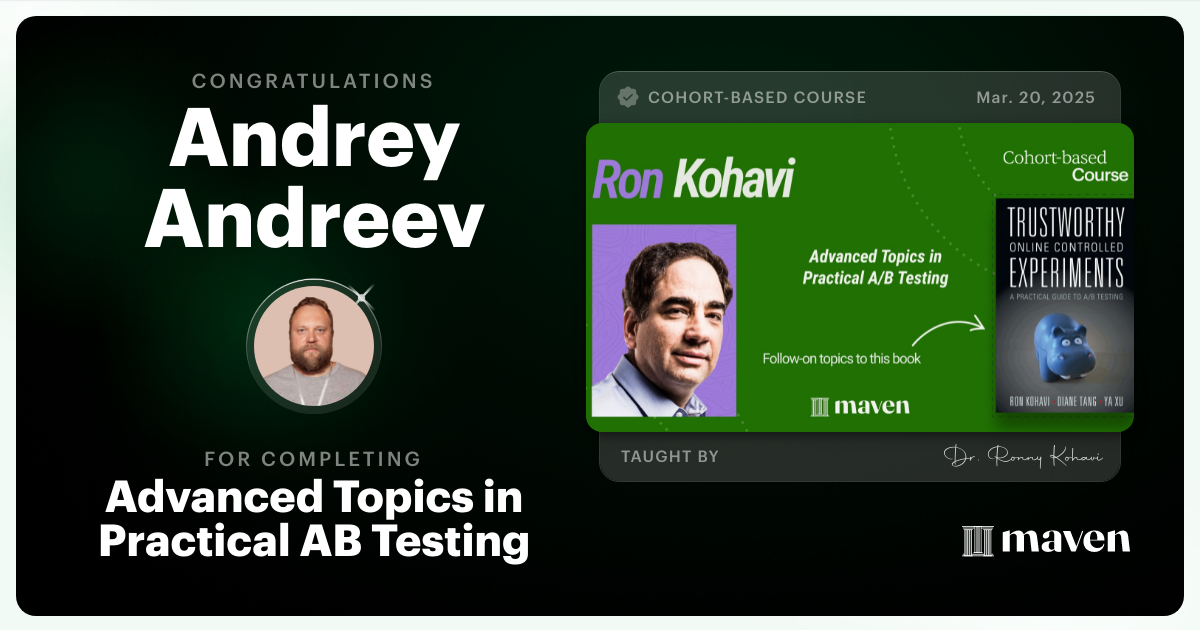 Certificate of Completion for Advanced Topics in Practical A/B Testing