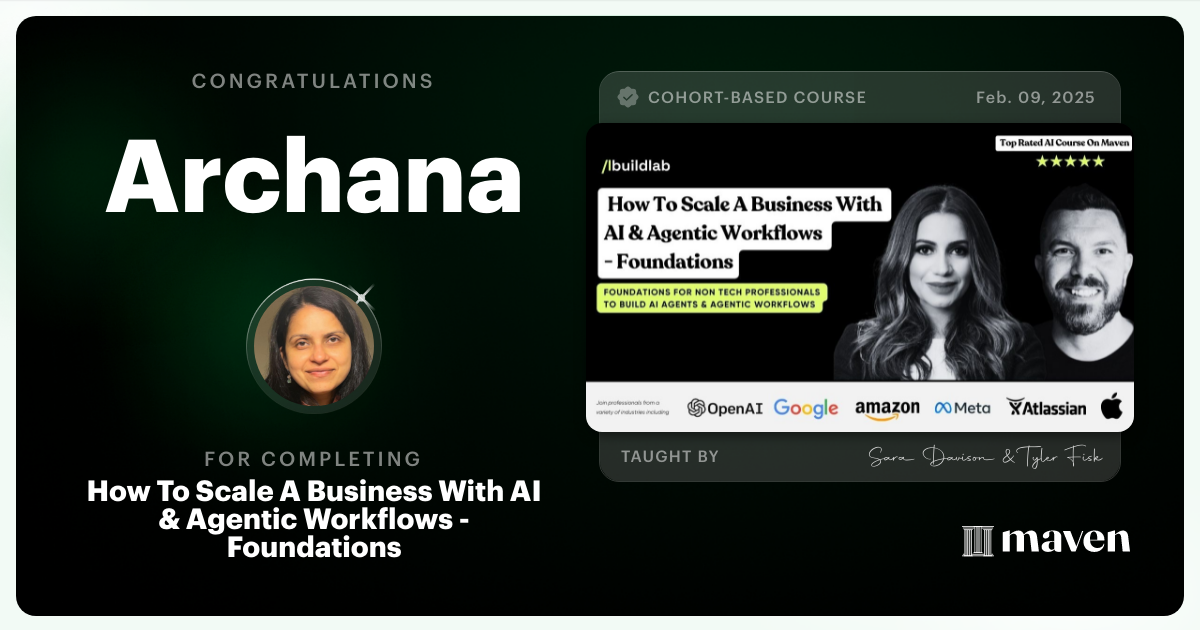 Certificate of Completion for How To Scale A Business With AI & Agentic Workflows - Foundations