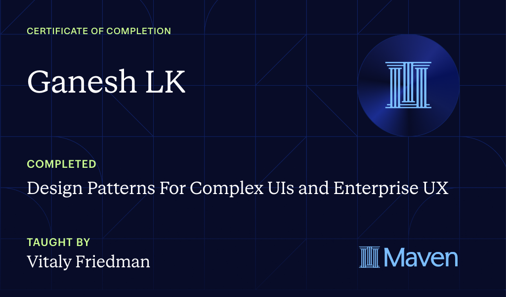 Certificate for Design Patterns For Complex UIs and Enterprise UX