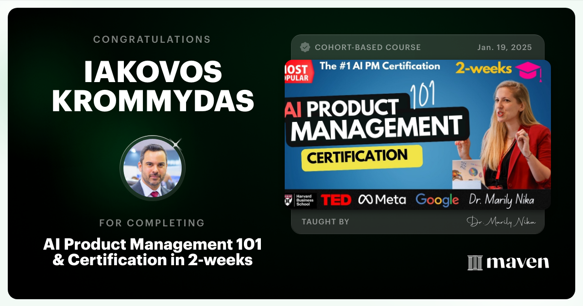 Certificate of Completion for AI Product Management 101 & Certification - Building AI Products end-to-end