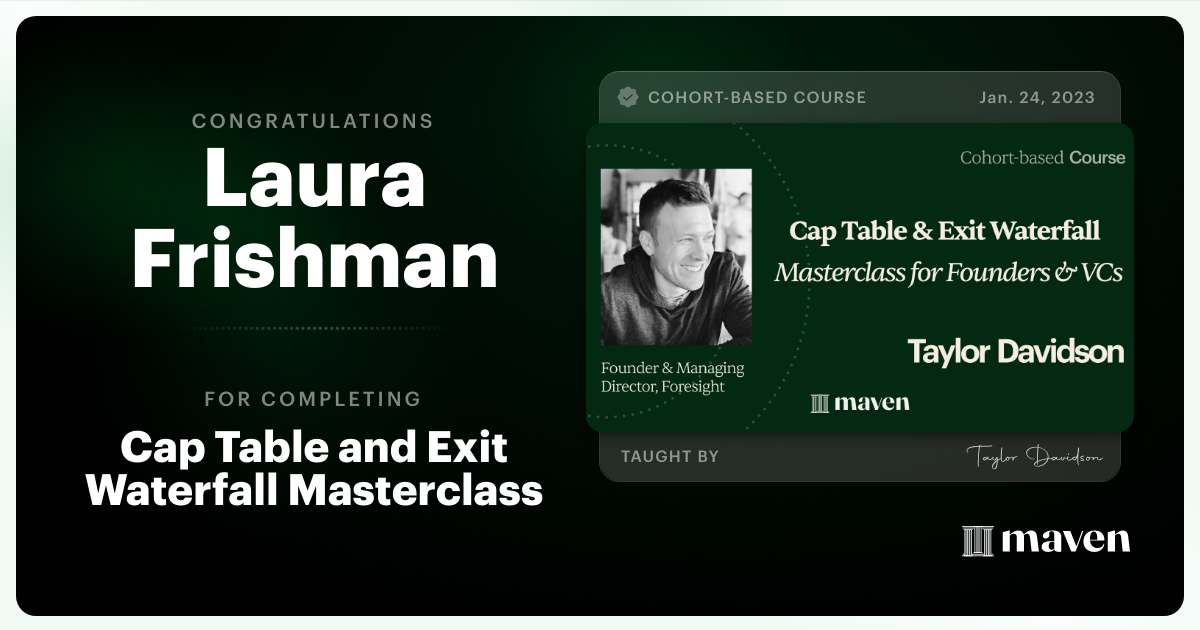 Certificate of Completion for Cap Table and Exit Waterfall Masterclass