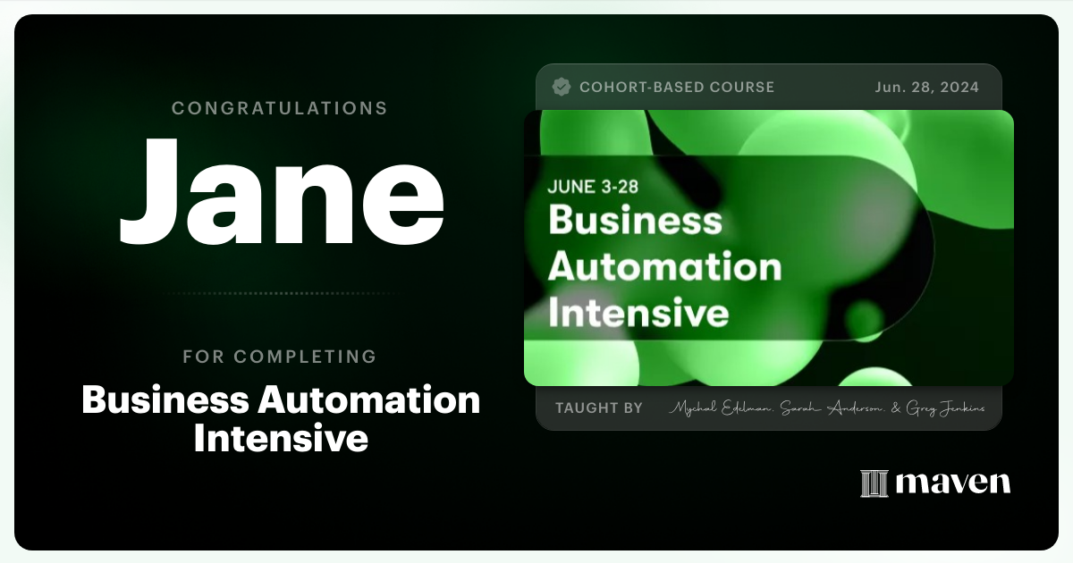 Certificate of Completion for Business Automation Intensive