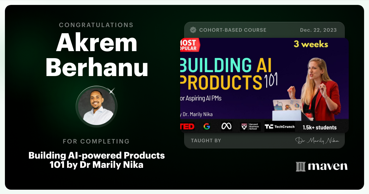 Certificate of Completion for AI Product Management 101 & Certification - Building AI Products end-to-end