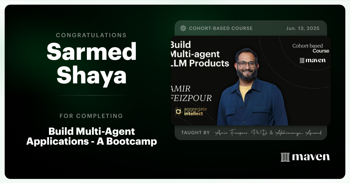 Certificate of Completion for Build Multi-Agent Applications - A Bootcamp - LangGraph, Cursor, n8n
