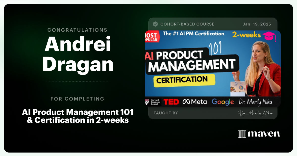 Certificate of Completion for AI Product Management 101 & Certification - Building AI Products end-to-end